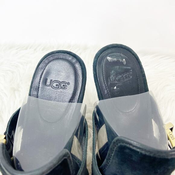 Ugg 8.5 Womens Black Suede Leather Karlee Slide Mule Stack Heels Peep Toe Buckle - Picture 7 of 12